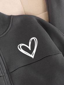 少女秋冬季保暖休闲时尚校园街头风运动卫衣外套，饰有涂鸦和爱心印花，拉链针织拼接短款连帽衫，搭配同款宽松直筒运动裤，两件套，深灰色返校套装 - 深灰色 - 查看 5