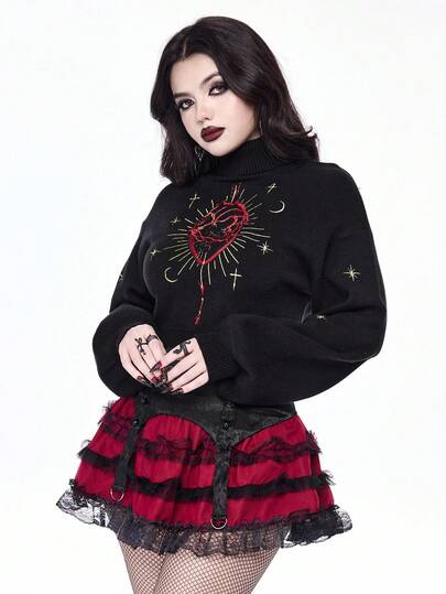 Goth Pull col montant avec broderie cœur gothique et lune étoilée