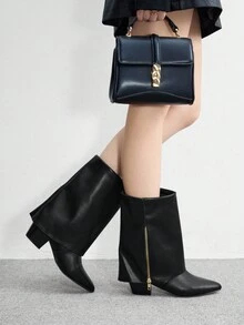 CUCCOO BIZCHIC 高品质黑色纽扣踝靴，尖头粗跟优雅女靴，时尚百搭新款长靴，展现女性魅力与优雅 - 黑色 - 查看 4