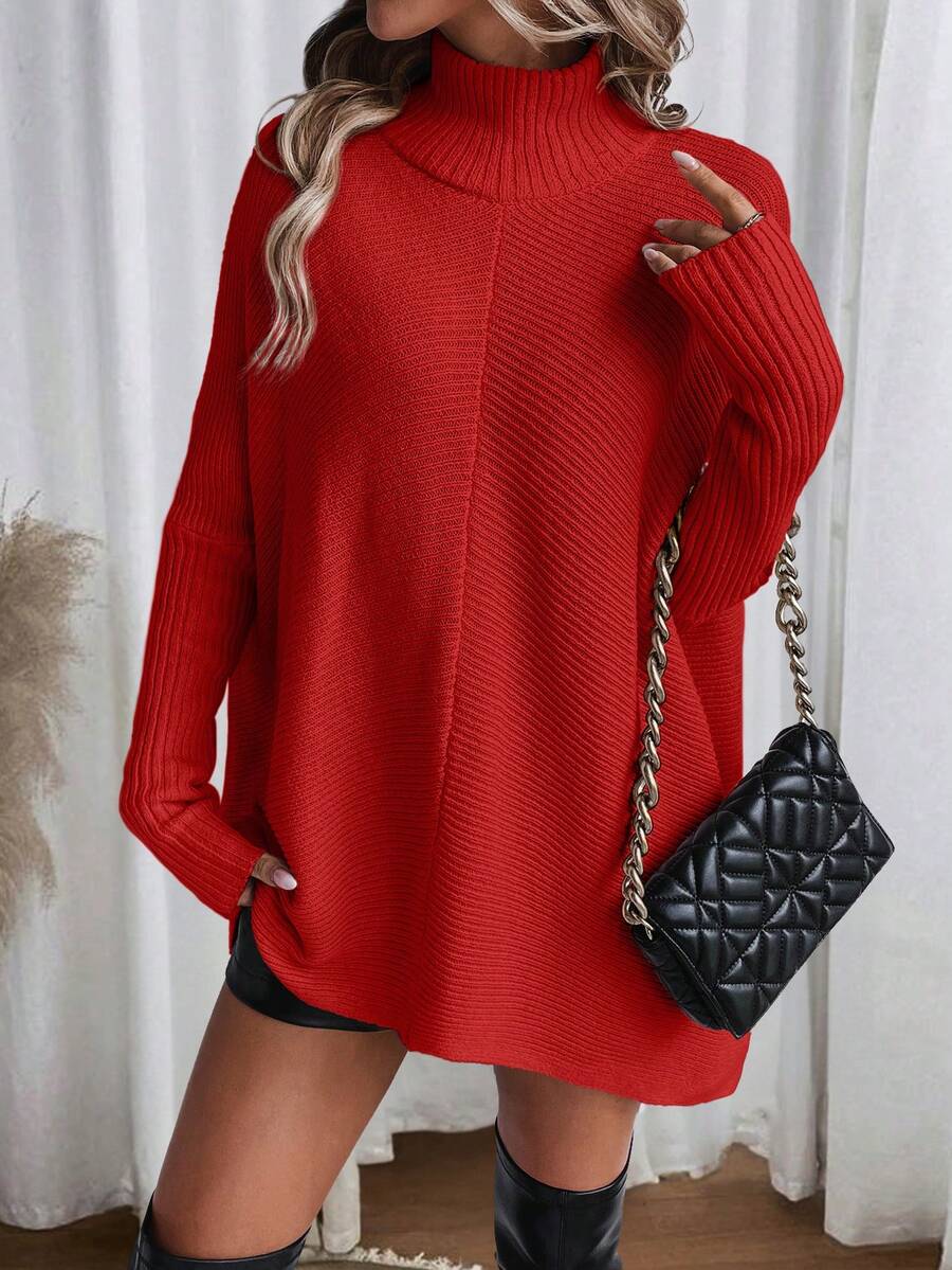 EMERY ROSE 女式休闲纯色立领蝙蝠袖毛衣，秋冬 - 紅色 - 查看 1