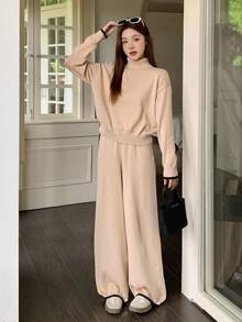 SHEIN Teen Girl Contrast Color Stand Collar Long Sleeve Sweater & Drawstring Sweatpants Casual Knit Set,Peach,Autumn,Casual Elegant,Junior,Work,Soft Top - Multicolor - View 5