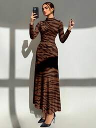 Aloruh New Autumn/Winter Brown Zebra Print Long Sleeve Bodycon Dress, Suitable For Formal Party, Date, Daily Wear, Retro Vintage Chic Dress, Brown Dress, Autumn Dress Leopard Print