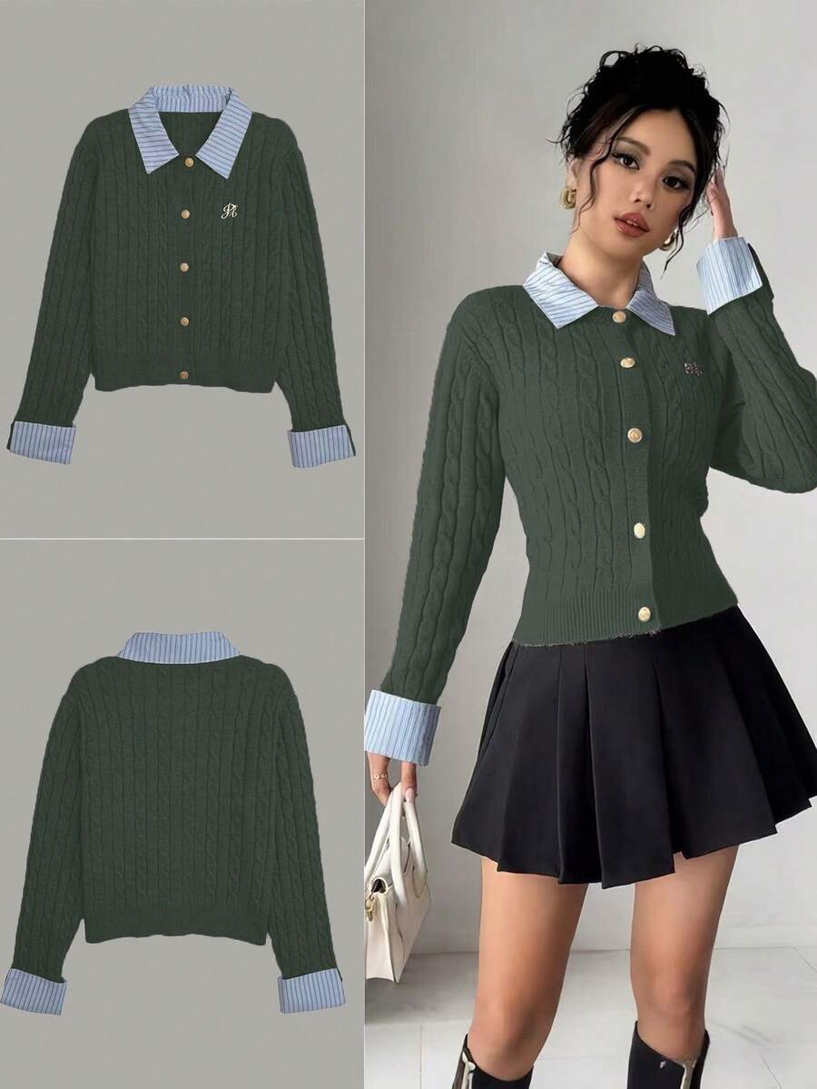 Rafferiza Fashionable Blogger-Inspired 2 In 1 Patchwork Knit Cardigan Sweater - Dark Grey - View 1