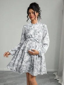 SHEIN Maternity Long Sleeve Stand Collar Half-Placket Front Button Waist Belt A-Line Dress, Digital Print - Multicolor - View 4
