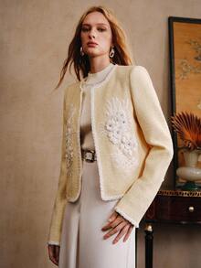 Arave Women's Tweed Fabric Boxy Round Neck Open Placket Applique Flower Edge Pearl Ribbon Design Daily Commuter Jacket Fall Clothes For Women Winter Clothes   Party - Yellow - View 7