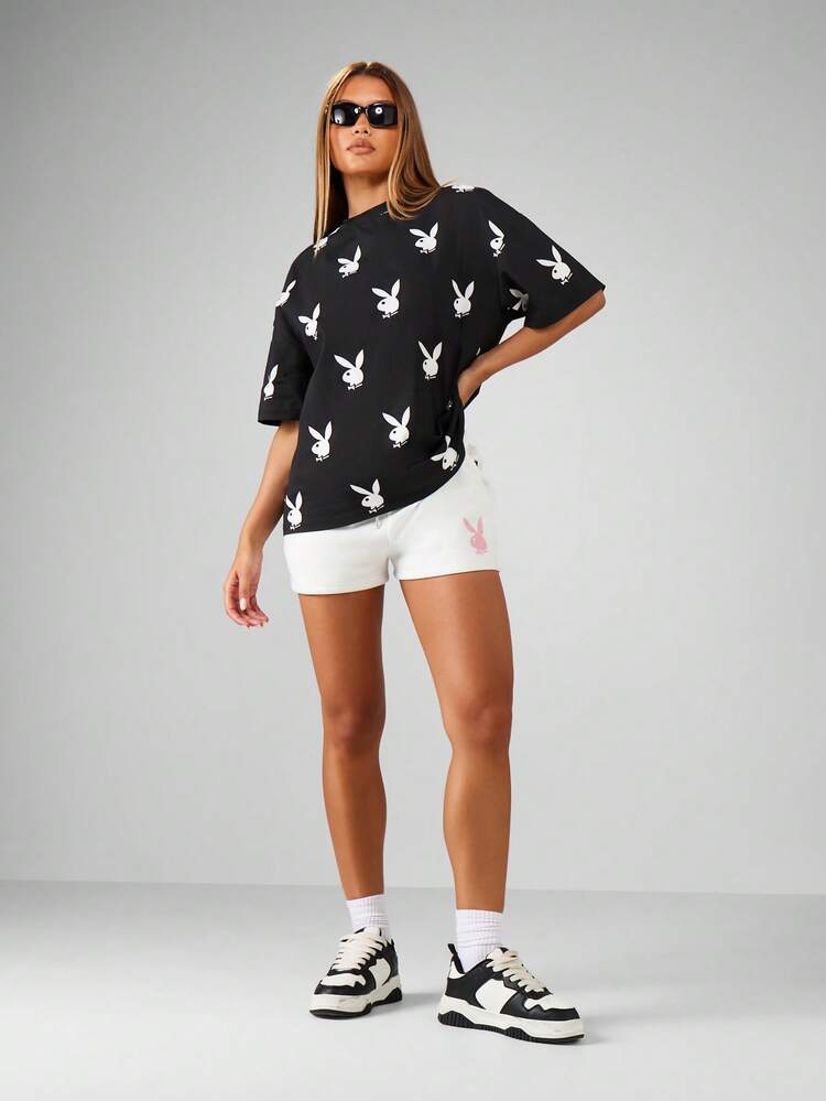 Missguided x Playboy Oversized Crew Neck Short Sleeve Cotton Tee With Iconic Bunny Print All Over Design - Black and White - View 5