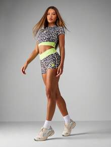 Missguided x Playboy High Waist Animal Print Cycling Shorts With Neon Green Band Compression Workout Active Bottoms Performance Athletic Shorts Summer Gym Bottoms - Multicolor - View 5
