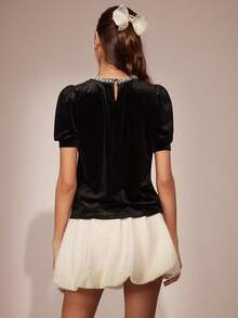 Enchnt Women's Black Elegant Velvet Pearl Decor Round Neck Puff Short Sleeve Top, Summer Party Night Chic & Fashionable For Holiday & Christmas - Black - View 7