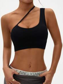 SHEIN Sports Bra Olahraga Tanpa Jahitan Tanpa Kawat Warna Polos Modis untuk Wanita, Set Atasan Olahraga Wanita, Set Olahraga Satu Bahu - Hitam - View 4
