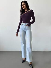 Firerie Áo thun nữ tay dài màu đen họa tiết hoa hồng rỗng trang trí kim loại thanh lịch, tinh tế, mùa thu - Màu tím - Xem 7