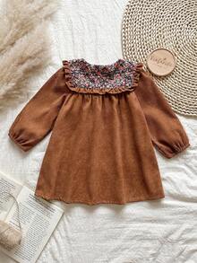 Vintaside Kids Baby Girls' Corduroy Ditsy Floral Dress, Countryside Style, Elegant & Cute, Suitable For Spring, Autumn And Winter Transition Seasons - Brown - View 2