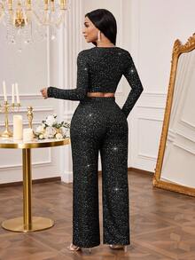 SHEIN Lady 女式时尚派对亮片垂坠领上衣和裤子两件套 - 黑色 - 查看 2