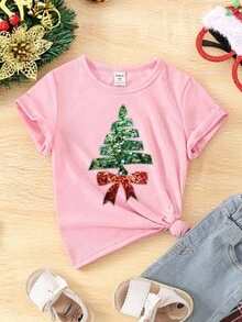 Merry Christmas! Baby Girl Christmas - Fashionable, Creative, Cute Sparkling Christmas Tree & Bow Print Short Sleeve T-Shirt, Suitable For Christmas Party - Pink - View 3