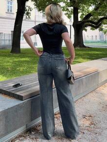 Jeta Ari 女士寬鬆休閒丹寧寬腿褲，附口袋 - 深色水洗藍 - 查看 2