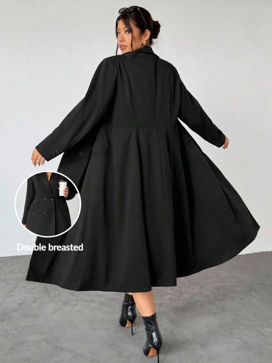 Firerie Plus Size Elegant Black Summer Formal Mandarin Collar Double Breasted Blazer Dress Women,Long Sleeve Flared Hem Tuxedo Jacket For Party,Weddings - Black - View 1
