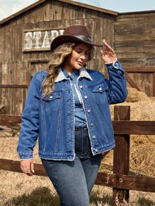 EMERY ROSE Plus Size Women Navy Blue Fleece Lined Casual Denim Jacket, Winter Women's Winter Jacket