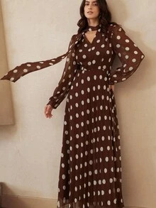 BELROSIE French Romantic Ruffled Polka Dot Waist Dress With Long Sleeves, Printed - Multicolor - View 4