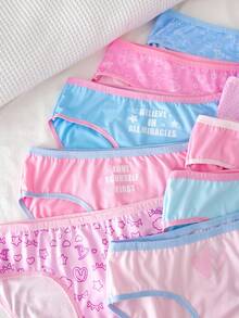 10条装女童爱心、星星、线条印花卡通可爱时尚三角裤，适合青少年女孩，女童内裤套装，儿童内裤 - 彩色 - 查看 3