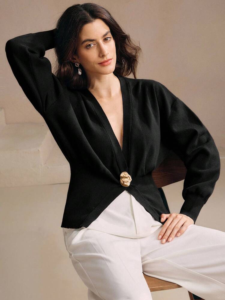 Elegante cárdigan de punto grueso de unicolor con cuello en V, chaqueta de punto casual asimétrica con botones para mujer, adecuada para otoño, invierno, salir, formal, fiesta, moda, Año Nuevo, Navidad, trabajo, graduación, boda