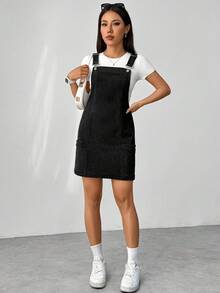 SHEIN PETITE 1件装 女士小号灯芯绒无袖黑色弹力修身休闲通勤背带连衣裙，简约休闲学校假期 - 黑色 - 查看 6