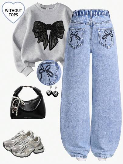 SHEIN ChillGRL Tween 女童浅蓝色水洗牛仔裤，蝴蝶结下摆设计，宽松直筒，高腰，适合日常穿着、上学、通勤、派对、度假、返校