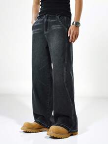 SHEIN Explorewe 青少年男孩街头时尚破洞拼接黑色豹纹侧拼接宽松阔腿松紧腰带牛仔裤 - 黑色 - 查看 1