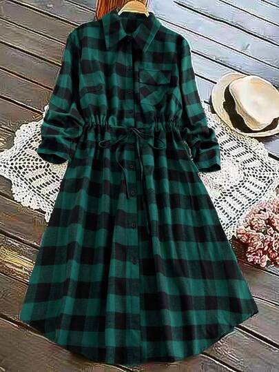 Linhara 秋季大码休闲格子抽绳腰连衣裙