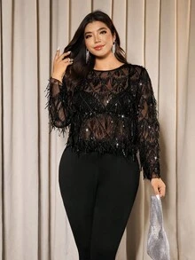 Elaquor Áo cánh tay dài cổ tròn tua rua sequin cỡ lớn thời trang cho nữ - màu đen - Xem 1