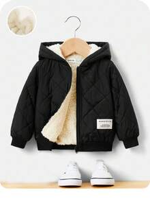 SHEIN Baby Boy Letter Patched Detail Plush Lined Zipper Hooded Quilted Coat Baby Boy Jacket Winter - Black - View 1