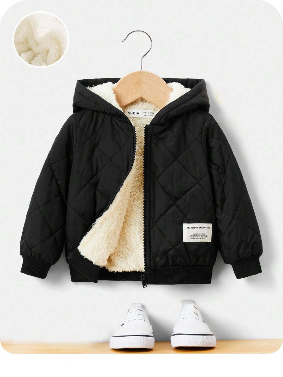 SHEIN Baby Boy Letter Patched Detail Plush Lined Zipper Hooded Quilted Coat Baby Boy Jacket Winter - Black - View 1