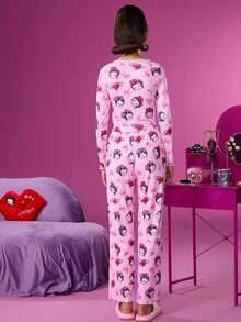 Betty Boop x SHEIN 女士卡通人物图案长袖上衣和裤子睡衣套装 秋冬服装 - 粉色 - 查看 2