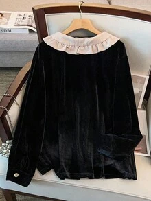 GlowEve CURVE 大码女式天鹅绒拼布荷叶边长袖衬衫，宽松时尚，秋冬 - 黑色 - 查看 2