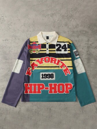 Street Life Camisa polo de manga larga con bloques de color, rayas y estampado de letras para hombre