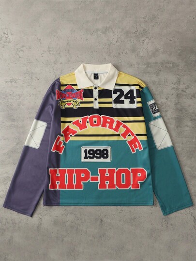 Street Life Camisa polo de manga larga con bloques de color, rayas y estampado de letras para hombre