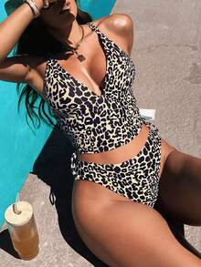 Bộ đồ bơi 2 mảnh Bonvoyette-D họa tiết da báo cổ chữ V dây rút đi biển thường ngày dành cho nữ, mùa xuân/hè - Nhiều màu - Xem 1