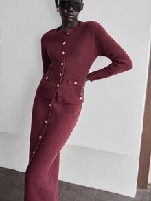 Lumivelle Set elegant de 2 piese pentru femei, cu pulover parfumat, mânecă lungă, guler rotund și fustă maxi, potrivit pentru ocazii formale în toamnă/iarnă - roșu - Vizualizare 5