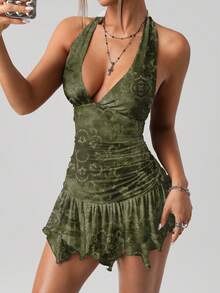 SHEIN ICON 露背复古勃艮第佩斯利印花紧身褶饰不对称下摆迷你连衣裙，波西米亚风时尚，俱乐部服装女性性感，Y2K，垃圾摇滚，哥特式网络符号主义，朋克和美学风格 - 橄欖綠 - 查看 6