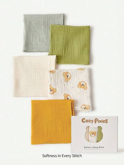 Cozy Pixies 婴儿五件套礼盒，彩色绉布，小方巾，拍嗝巾，可水洗，舒适柔软，新生儿礼盒，适合男孩和女孩的礼物