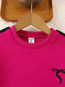 Elladie kids 2 件套紫色蝴蝶结运动衫和裤子套装，适合 4-7 岁小女孩，休闲运动套装，秋季 - 玫紅色 - 查看 6