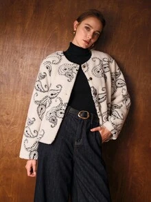 MOTF PREMIUM WOMEN'S CASHEW FLOWER PATTERN FUZZY FLEECE WINTER JACKET - Black and White - View 6