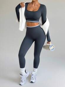 SHEIN Dewbera 2025秋冬女士无缝紧身长袖运动服套装瑜伽健身跑步圆领 - 灰色 - 查看 1