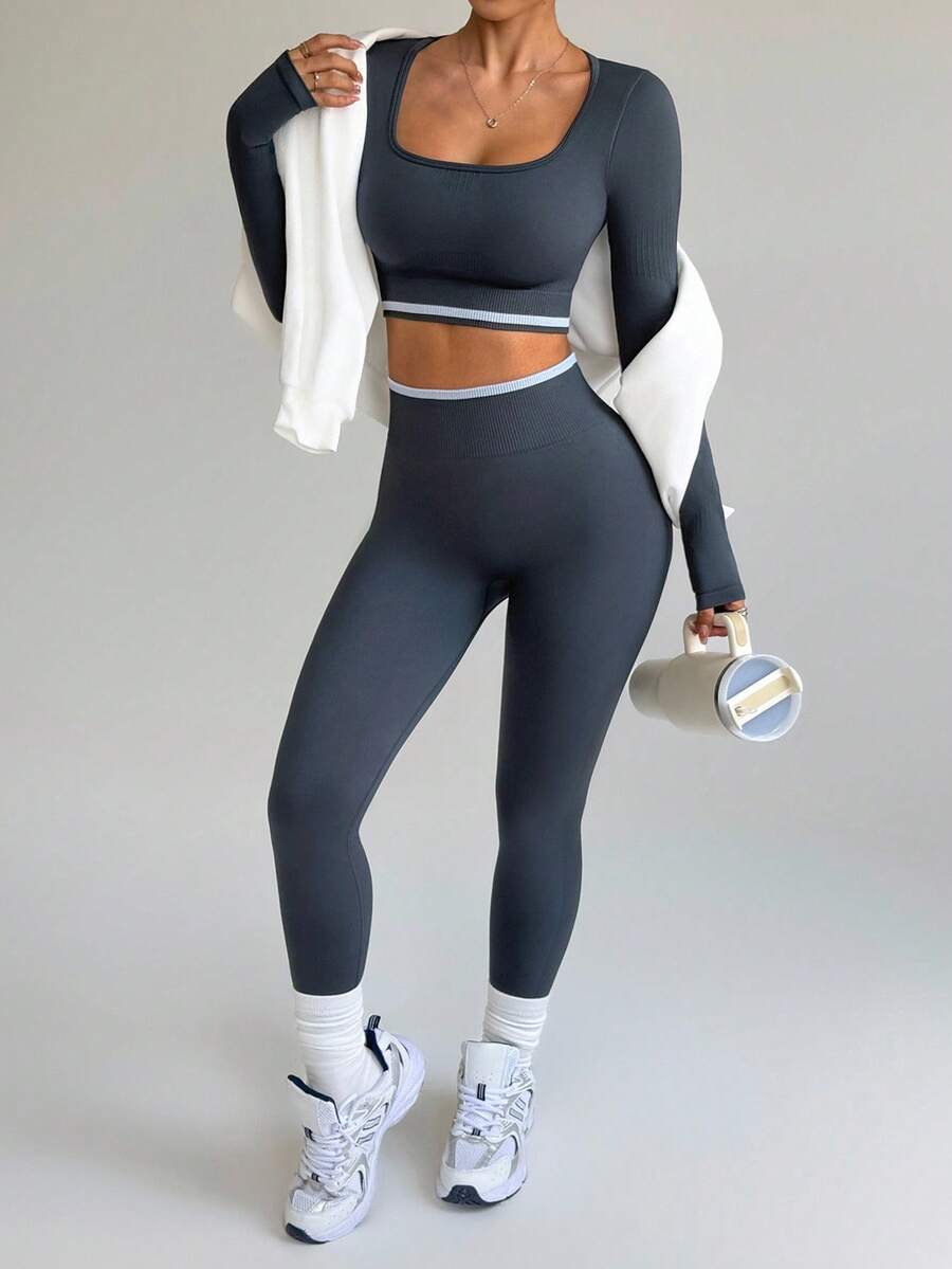 SHEIN Dewbera 2025秋冬女士无缝紧身长袖运动服套装瑜伽健身跑步圆领 - 灰色 - 查看 1