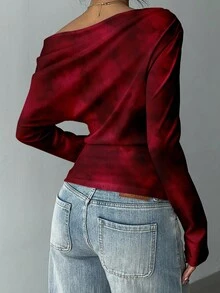 Aloruh Women's Asymmetric T-Shirt,Twist Knot Tie Dye Burgundy Dark Red Long Sleeve Knit Top,Seksi Chic Night Out Elegant For Autumn/Winter Dates Parties - Burgundy - View 2