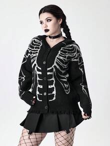 ROMWE Halloween  Gothic Skeleton Jacquard Distressed Design Hooded Cardigan Sweater For Women - Black - View 4