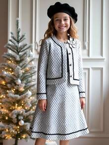 PrepCrw 2pcs Tween Girls Elegant Black And White Tweed Dress And Jacket Set,Autumn School Style Outfit With 3D Floral Decor For Birthday,Party,Gatherings - Black and White - View 9