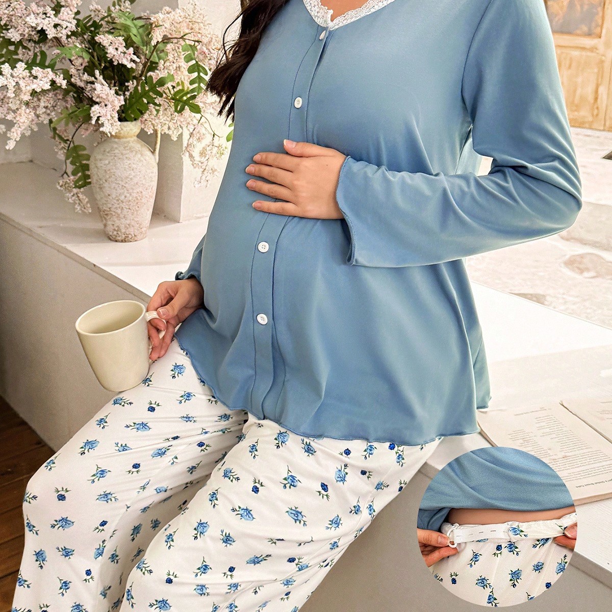 Piezas Conjunto de ropa de dormir de maternidad - Top de manga larga con parches de encaje y pantalones largos con estampado floral, para invierno