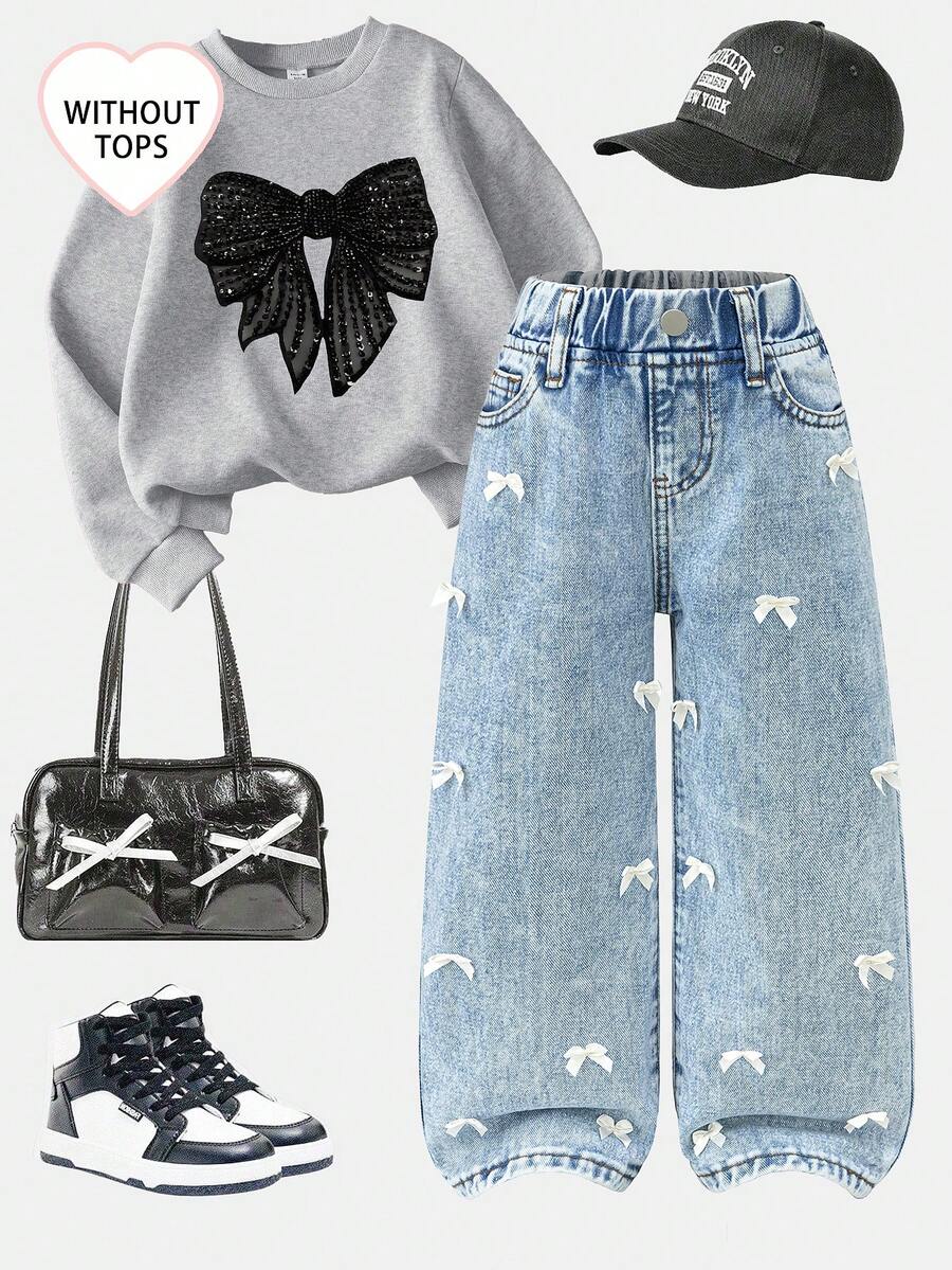 Young Girls Light Wash Denim Straight Leg Jeans With Bow Details Long Plain Zipper Casual Style Jeans With Bows Cute Baggy Jeans