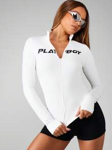 Missguided x Playboy Áo khoác thể thao tay dài phong cách Y2k cổ bẻ thời trang mùa đông cổ điển ôm vừa vặn, áo khoác thể thao tập luyện mùa thu năng động, thời trang - Màu be - Xem 1