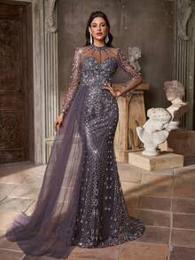 Aureia 优雅奢华串珠花卉透明长袖水钻美人鱼长裙，侧开衩，适合婚礼、派对、度假、庆典、正式活动（重度装饰） - 深灰色 - 查看 7