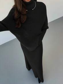 Aloruh 紫色针织两件套 新款冬季加厚女式毛衣裙宽松两件套 - 黑色 - 查看 4